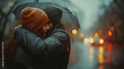 Clean composition showcasing a pair in a warm embrace, oblivious to the drizz...