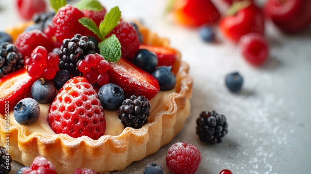 Minimalist image capturing the elegance of a pastry topped with luscious, fresh fruits Minimalist image capturing the elegance of a pastry topped with luscious, fresh fruits