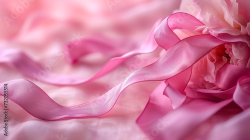 Clean composition with a delicate pink ribbon against an abstract background