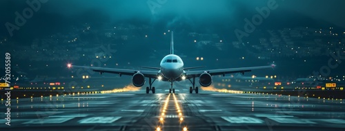 the image of one jet landing on an airport runway in the evening