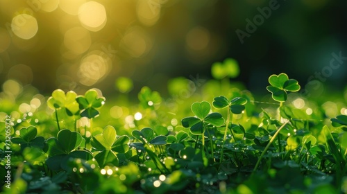  a close up of a field of grass with clovers in the foreground and the sun shining through the trees in the backgrould, with a blurry background.
