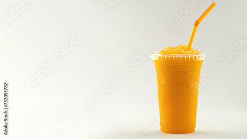 Orange frappe with straw in a disposable plastic takeaway cup on light gray background with copy space for text. Refreshing summer iced drink. photo