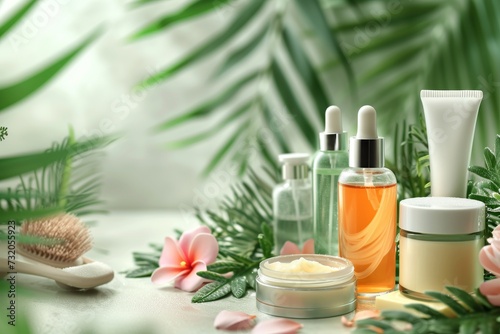 Natural skin care highlights cream, anti aging serum oil solid background. Beauty face maskaromatherapy. Sensitive forest dispenser product mockup. renewal cosmetic jar lotion