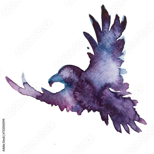 Beautiful watercolor raven silhouette illustration isolated on a white background. Hand painted crow design. Bird painting. Wild bird artwork.