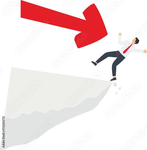 Economic or financial crisis, fall of the stock or investment market, decrease in the value of cryptocurrency or company shares, decrease in the payments on deposits, big arrow nocks a man off a cliff