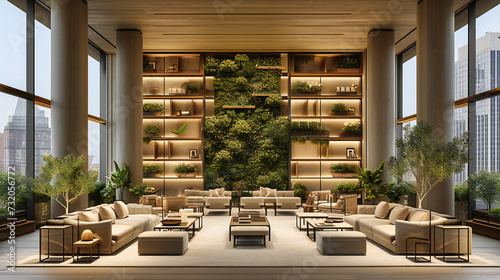 Modern and luxurious lobby interior, featuring stylish furniture and contemporary design elements in a welcoming business setting