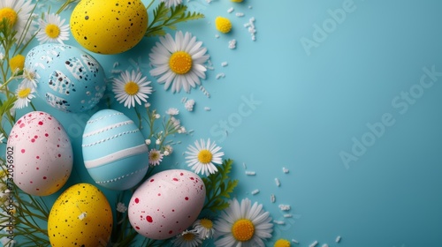 Pastel Easter eggs with daisies on a serene blue background.