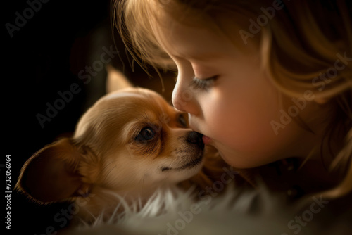 Children girl kissing her puppy chihuahua doggy.