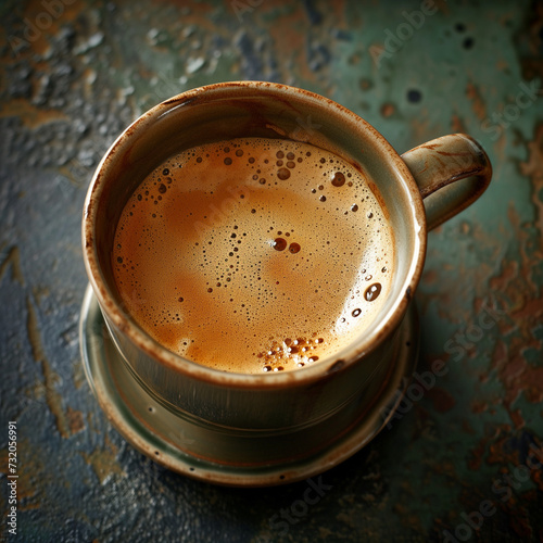 Close-up of Freshly Brewed Coffee in a Rustic Cup © HustlePlayground