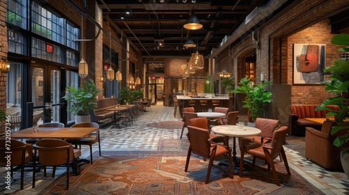  a restaurant with tables, chairs, and potted plants in the center of the room with a checkerboard floor and a brick wall with a bar in the background. © Liel