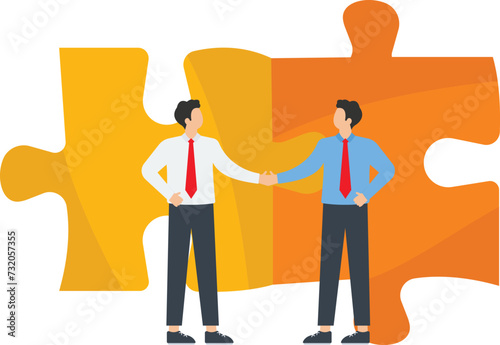 Collaboration, cooperation or partnership and agreement to help business success, business merger or acquisition, end of negotiations, success, businessmen complete a deal and shake hands in a puzzle.