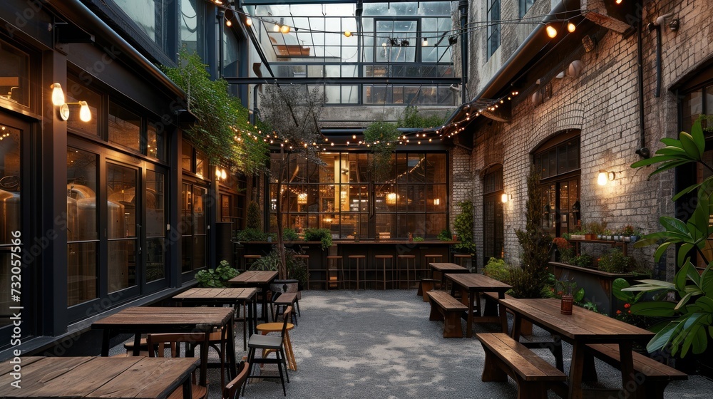  a courtyard area with tables and benches and lights hanging from the ceiling and potted plants and potted plants on the side of the wall and on the floor.