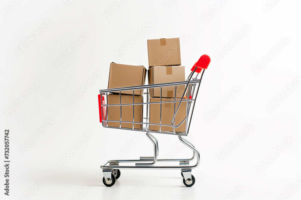 Paper boxes or cardboard package in shopping cart or trolley on white background with copy space. Shipping, online shopping, digital marketing, delivery, online store concept.