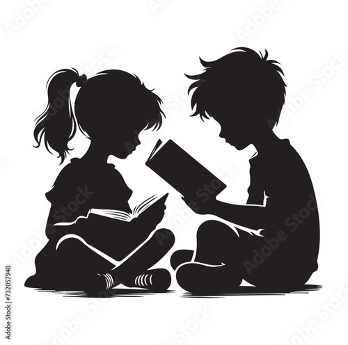 Boy & girl reading book set silhouette vector illustration.
