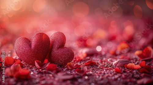 A pair of bright red glitter hearts on a romantic pink background for Valentines Day. AI generated