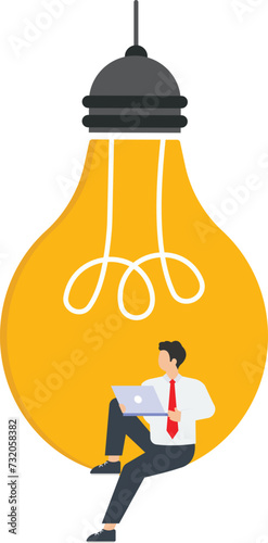 Brainstorming a new idea to solve a working problem, success in discovering a new innovative idea. Business solution concept. Businessman with a laptop
