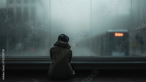 A person sits in front of a large window, enjoying the view.