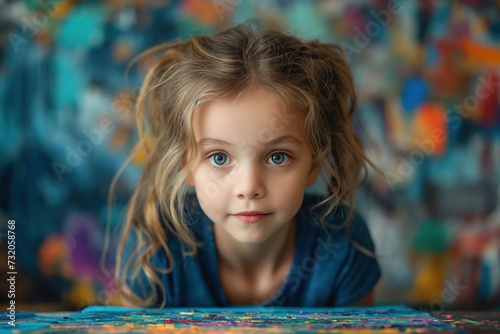 a little girl with striking blue eyes gazes directly at the camera, engaging the viewer with her innocent curiosity.