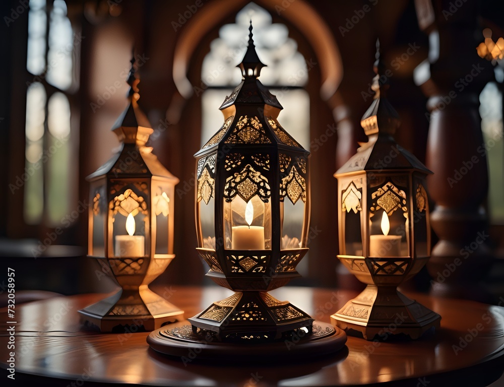 Ergonomic Elegant ornamental islamic lantern on a wooden table makes a perfect ambience for Ramadan or Eid. Copy Space. Ergonomic Elegant ornamental islamic lantern on a wooden table makes a perfect ambience for Ramadan or Eid. Copy Space.