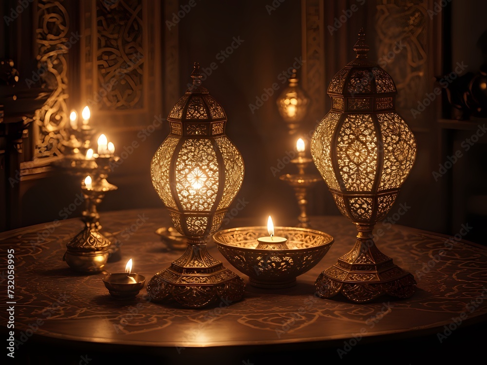 Ergonomic Elegant ornamental islamic lantern on a wooden table makes a perfect ambience for Ramadan or Eid. Copy Space. Ergonomic Elegant ornamental islamic lantern on a wooden table makes a perfect ambience for Ramadan or Eid. Copy Space.