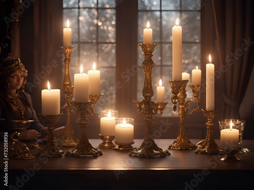 A lot of candle lights with decorative candle stand on a wooden table makes a perfect ambience for Ramadan or Eid. Copy Space. photo