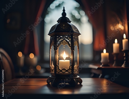 Ergonomic Elegant ornamental islamic lantern on a wooden table makes a perfect ambience for Ramadan or Eid. Copy Space.