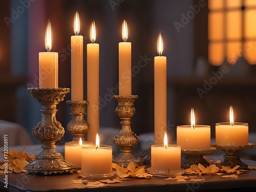 A lot of candle lights with decorative candle stand on a wooden table makes a perfect ambience for Ramadan or Eid. Copy Space.