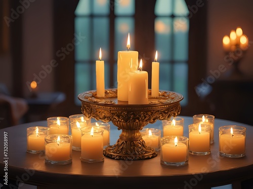 A lot of candle lights with decorative candle stand on a wooden table makes a perfect ambience for Ramadan or Eid. Copy Space. photo