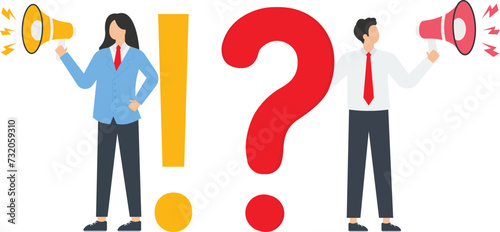 Question and answer, Q and A, FAQ, frequently asked questions, consumer survey and answers to their questions, a man and a woman ask questions and answer them

