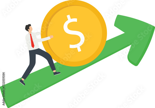 Increasing sales, growth in investments or growth in income and profit, growth in wages or income, growth in the exchange rate, a strong investor businessman lifts a dollar coin up
