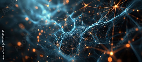 A computer-generated image depicts a network of brain neurons, symbolizing the elegance of water-like patterns in electric blue, merging science and art within the depths of darkness.
