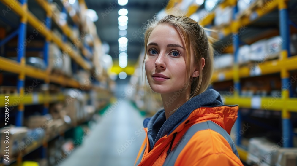 Close-up portrait of female worker in protective workwear at warehouse. Tall warehouse racks with goods placed on pallets in a blurred background. Close-up portrait of female worker in protective workwear at warehouse. Tall warehouse racks with goods placed on pallets in a blurred background.