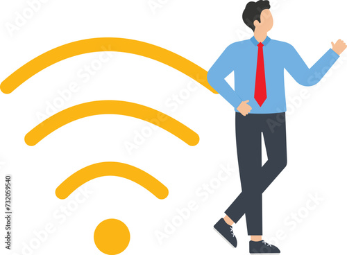 A person in the free internet zone is working on a phone, next to a large Wi-Fi sign. Free wi-fi hotspot, wi-fi bar, public evaluation area, portable device concept
