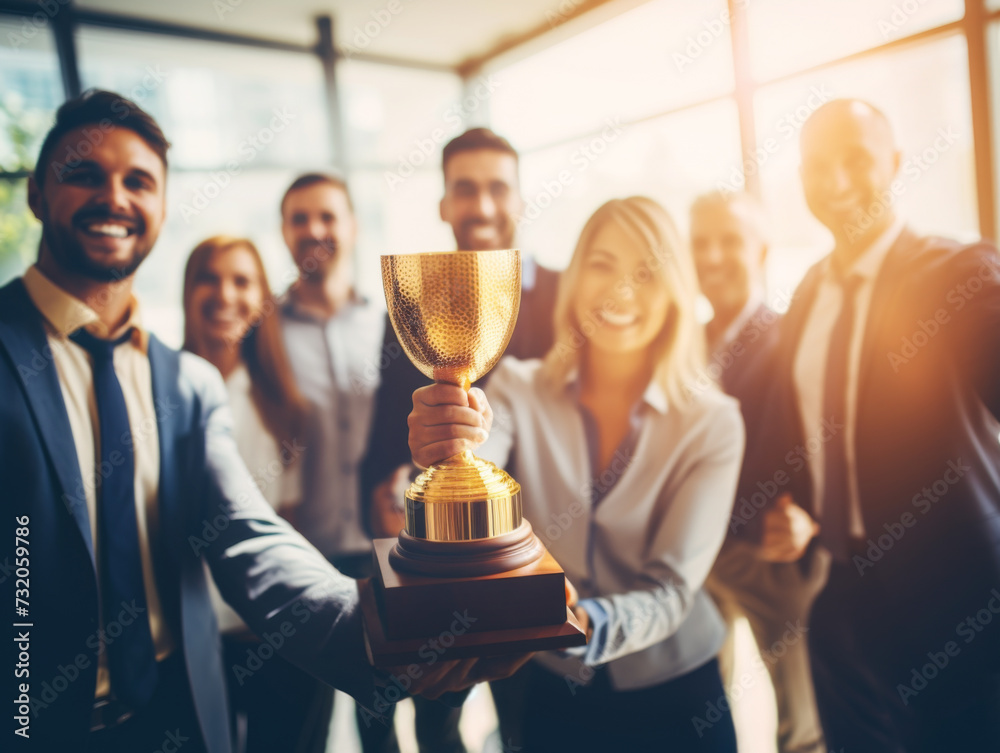 Business Team Celebrating Gold Trophy. Concept of success and ...