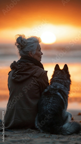 An elderly woman and her dog sit side by side on the beach, gazing at the sunset.