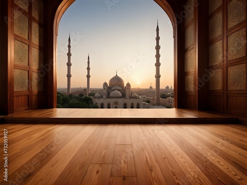 A backdrop of Wooden floor with a serene mosque in the background. Islamic images. Copy Space.