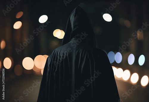 A guy in a black robe standing in the dark photo