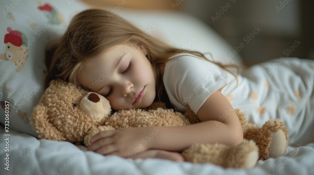 Little girl sleeps on the bed and hugs her favorite cozy soft toy Little girl sleeps on the bed and hugs her favorite cozy soft toy