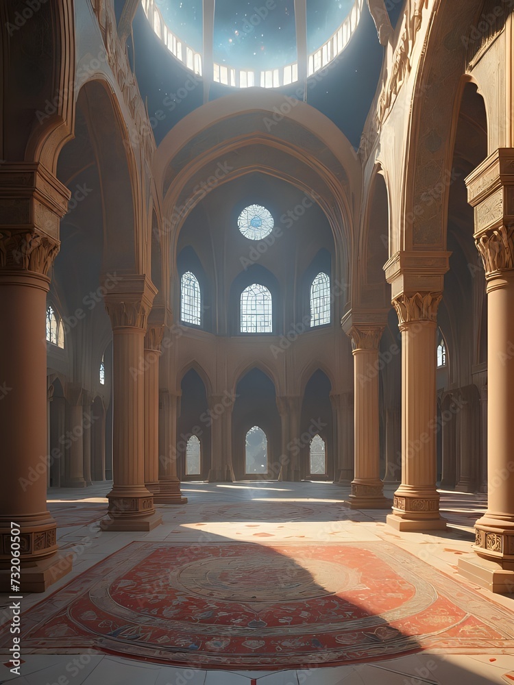 Illustration of Beautiful Interior arches & pillars of a Islamic Mosque. Nostalgic Islamic Architecture. Islamic Festival.