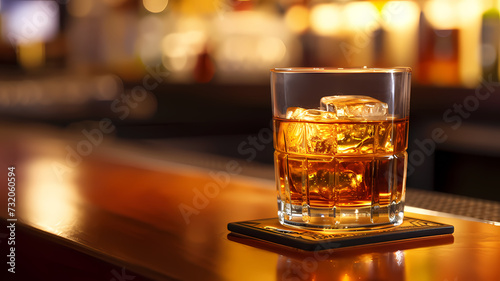 Whiskey on the Rocks at an Ambient Bar Counter