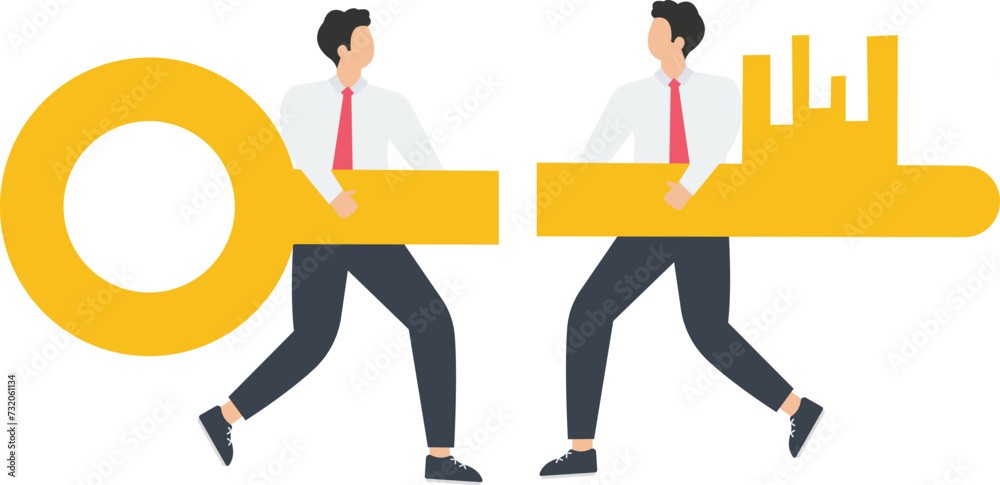 Two businessmen jigsaw the keys together
Two businessmen jigsaw the keys together