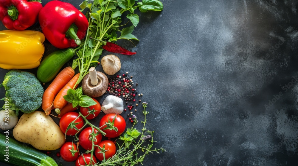 A variety of colorful fresh vegetables arranged on a dark surface, ideal for healthy cooking and nutritional concepts. Space for text or product display.