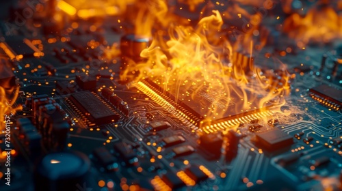 Close-up of a burning microprocessor chip on a circuit board, illustrating critical electronic failure or severe hardware malfunction. photo