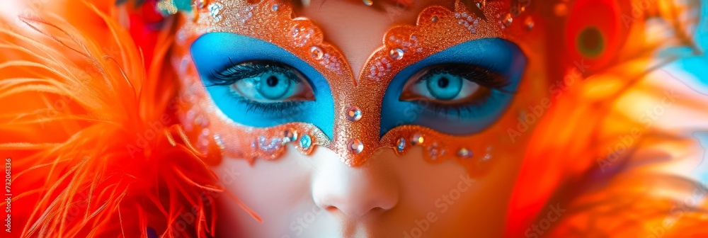 Elegant Festival Mask Adorned with Jewels and Orange Feathers Against a Colorful Background Elegant Festival Mask Adorned with Jewels and Orange Feathers Against a Colorful Background