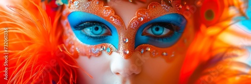 Elegant Festival Mask Adorned with Jewels and Orange Feathers Against a Colorful Background © Yevhenii