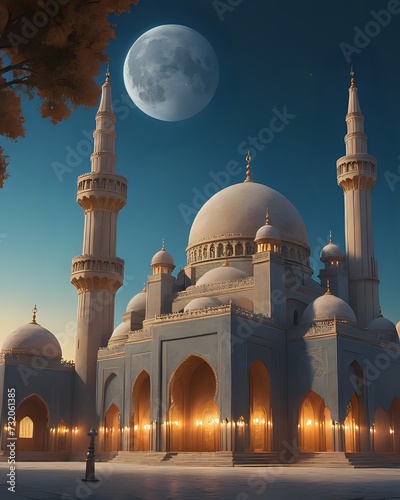 Illustration of a beautiful Islamic Mosque. Nostalgic Islamic Architecture. Islamic Festival.