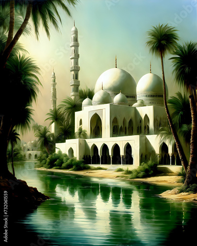 Illustration of a beautiful Islamic Mosque surrounded by palm trees and a landscapic river during golden hour. Nostalgic Islamic Architecture.