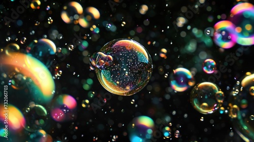  soap bubbles floating in the air on a black background with multicolored bubbles floating in the air on a black background with multicolored bubbles floating in the air.