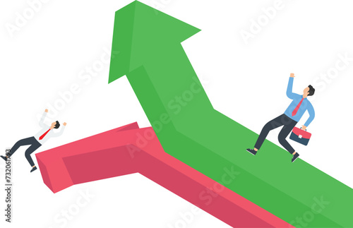 Success and failure, one businessman runs up following the red arrow and another businessman falls down the blue arrow

