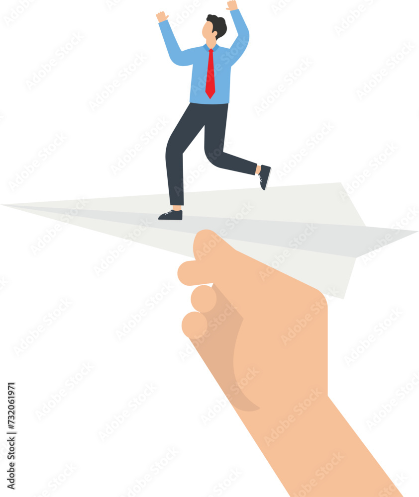 Help take off, huge hand holding paper plane and take off with businessman
Help take off, huge hand holding paper plane and take off with businessman
